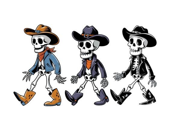 Halloween Three Cowboy Skeletons Walking